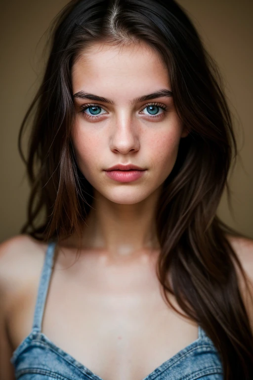 film portrait photography, 1girl, bare shoulders, wavy shoulder-length hair, serene, calm, (realistic detailed eyes, natural skin texture, realistic face details), soft dramatic lighting, depth of field, bokeh, vibrant details, finely detailed, hyperrealistic, 35mm film, hazy blur, filmg,