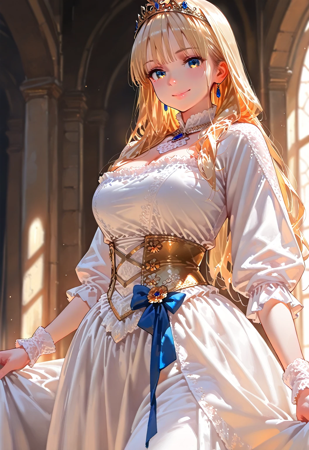 4K, UHD, masterpeice, 1 girl, good face, happy face, ((white skin)), detailed eyes, detailed lipstick, very long hair, straight hair, very long hair, beautiful hair, hair ornaments, hairband, gradient hair, ((golden stocking)), ((princess clothing)), ((decorated clothing)), ((sardine)), ((sparkle clothing)), ((golden lace)), ((diamond bracelet)), ((pendant)), ornaments, necklace, earring, high lighting, ((in the wedding stage)), fujicolor, depth of field, ray tracing, ultra realistic detailes, standing with the wall,