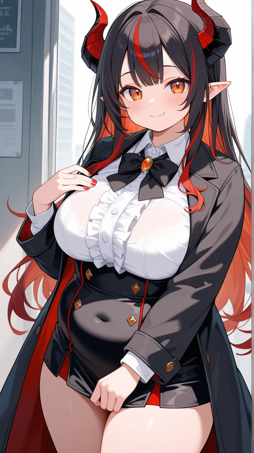 24 years old she's 5'9, her hair is brown, breast size is E, very beautiful, she's wearing a black skirt and black V neck