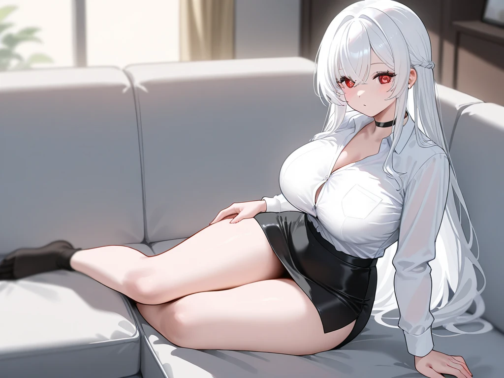 masturbation, Nude, pussy, vaginale, ((pussy juice)), (Highest quality, High resolution, Very detailed), 1 female, Silver Hair, Long Hair, Reddish brown eyes, Large Breasts, Slim beautiful legs, spread legs, secretary, 24th generation, Beautiful woman, mature, quiet, Calm, ((orgasm face)), sofa,