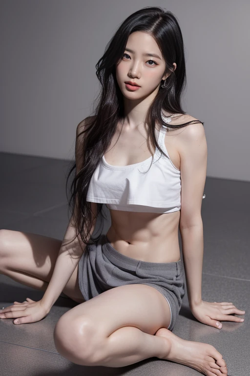 (((best quality))),(((ultra detailed))),(((masterpiece))),illustration,((1 beautiful girl,solo)),((slim,thin)),short ponytail,((small breasts,flat chest)),white long-sleeved shirt,cleavage,navel,briefs,slender legs,white socks,slippers,rainy night, heavy rain, drenched clothes, melancholy expression, solitude, tear rolling down cheek, wet hair, empty streets, dimly lit, deserted environment, sound of rain, footsteps, symbol of hope, abandoned, resilience, determination, walking in rain, heartbreak, loss, love fading, loneliness, body language, facial expression, dreary atmosphere, rain-soaked streets, somber mood, viewer engagement,from front,urban scape,night scene,(((wet,sweat,shiny skin))),((sitting on the ground,arms behind back,spread legs apart)),