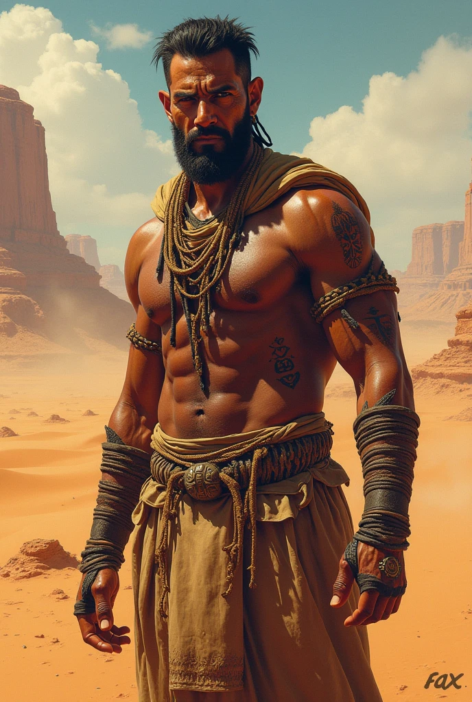 naked muscular man in the desert
