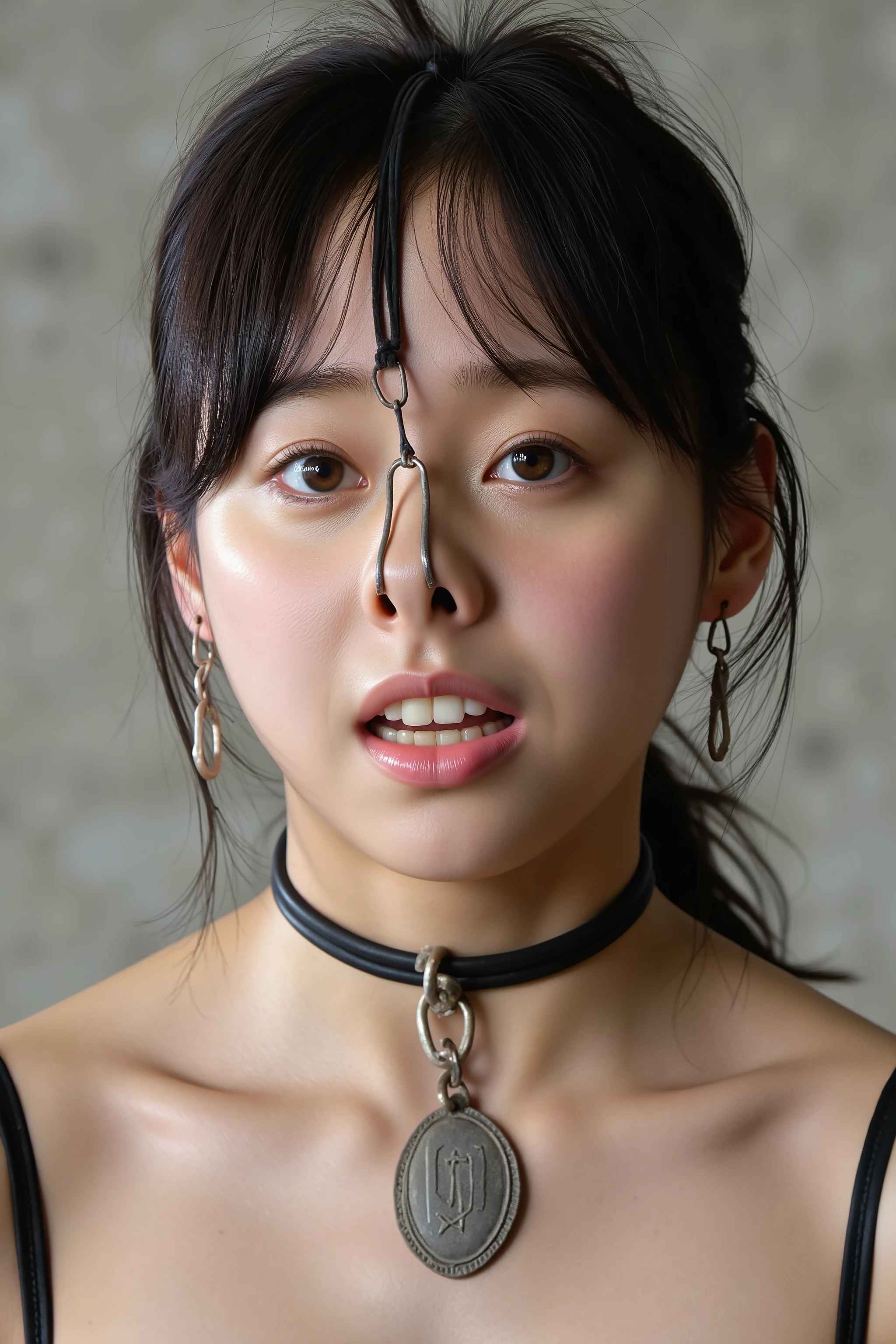 A high resolution photograph of a young Japanese woman, masterpiece, photo-realistic, natural lighting, film grain, portrait, fashion shoot, solo, 1girl, off-shoulder dress, black hair, tilted head, detailed face, detailed eyes, amber eyes, beautiful pupils, sophisticated nose, pale skin, fine-textured skin, full smile, dimples, pet-collar with a tag, earrings, jewelry, (nose hook with chain wrapped around the top of head, nose hook makes her nose look like a pig snout, hooking in her nostrils:1.5), (portrait, front view, view from below, facing up, chin-up, face focus:1.4), close-up of face, simple background,