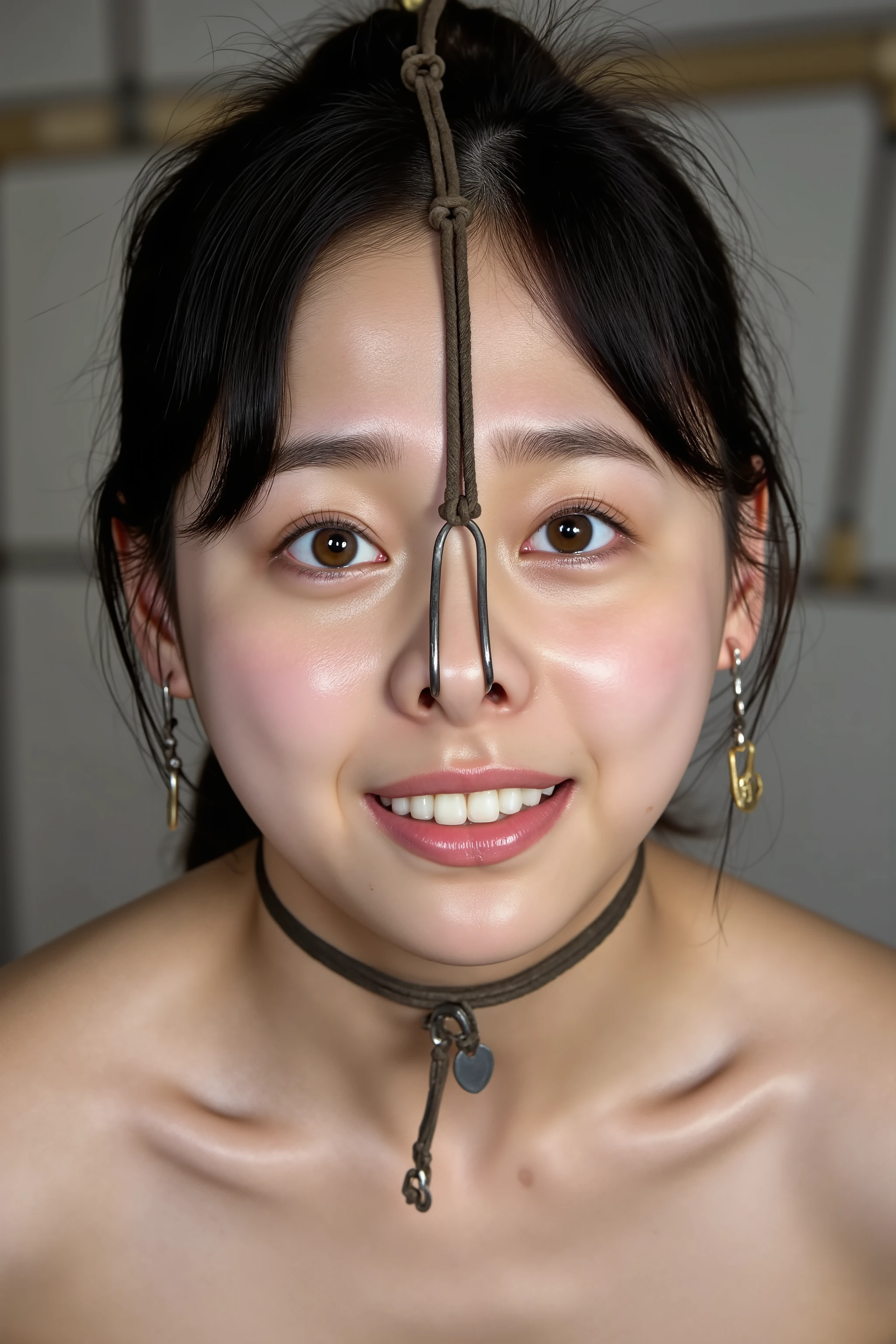 A high resolution photograph of a young Japanese woman, masterpiece, photo-realistic, natural lighting, film grain, portrait, fashion shoot, solo, 1girl, off-shoulder dress, black hair, tilted head, detailed face, detailed eyes, amber eyes, beautiful pupils, sophisticated nose, pale skin, fine-textured skin, full smile, dimples, pet-collar with a tag, earrings, jewelry, (nose hook with chain wrapped around the top of head, nose hook makes her nose look like a pig snout, hooking in her nostrils:1.5), (portrait, front view, view from below, facing up, chin-up, face focus:1.4), close-up of face, simple background,