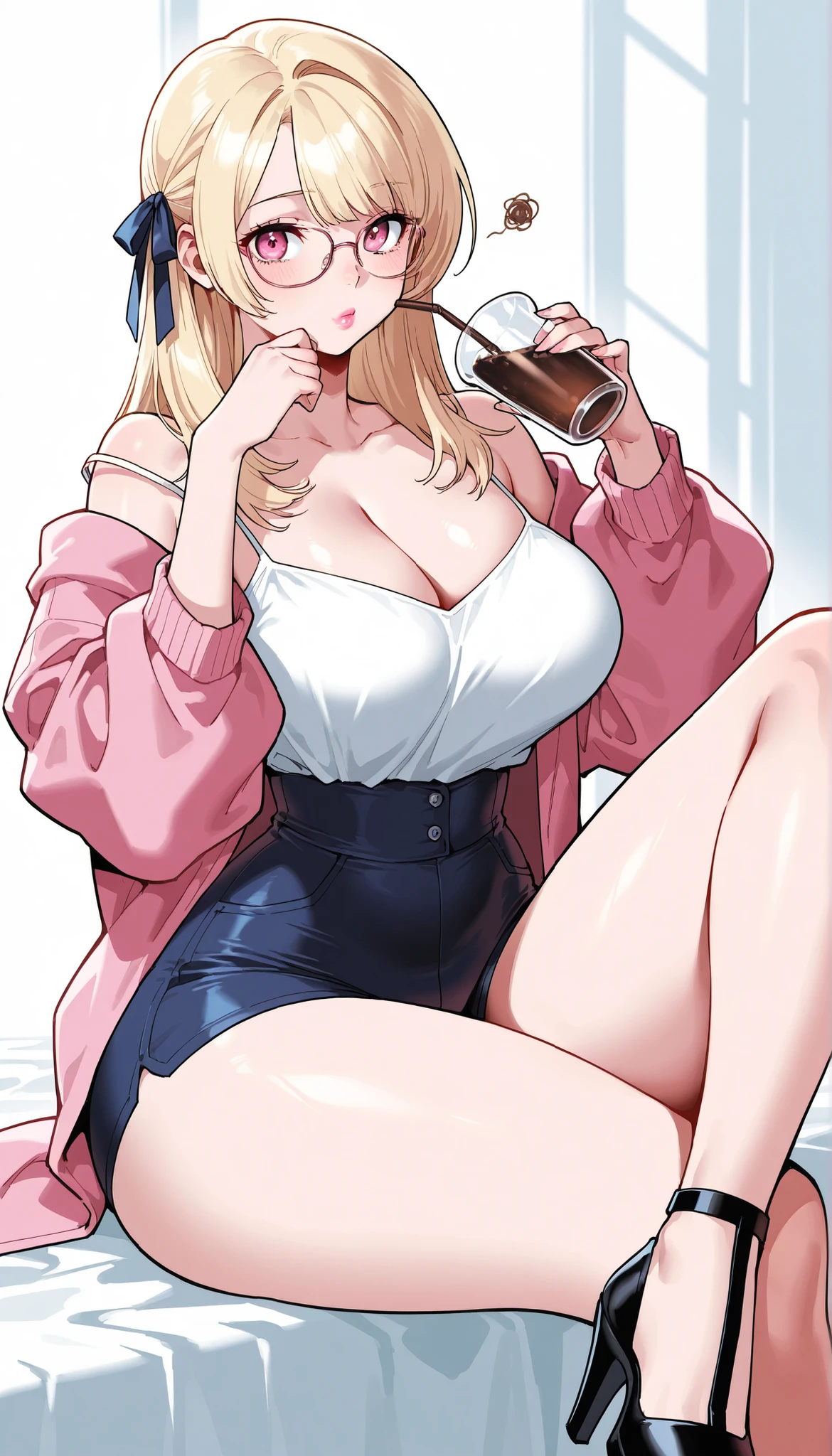 A young-adult beautiful cute woman with long silky pale-blonde hair, big pink eyes, pink lips, extremely fair white natural skin, an extremely small waist, slightly wide round hips, slightly big breasts, and an insanely perfect hourglass figure. She's only wearing a mid-riff revealing thin white top with spaghetti straps and a V-neckline, a check brown front-open slightly-medium baggy jacket with full sleeves worn over the top, high-waisted tight blue booty shorts, hair ribbon on the side, spectacles, and strappy high-heels. She's sitting, legs crossed one over the other, plain thinking expression, holding a coffee with one hand, and sipping it with a straw. Show her full body and super hyper-detailed.
