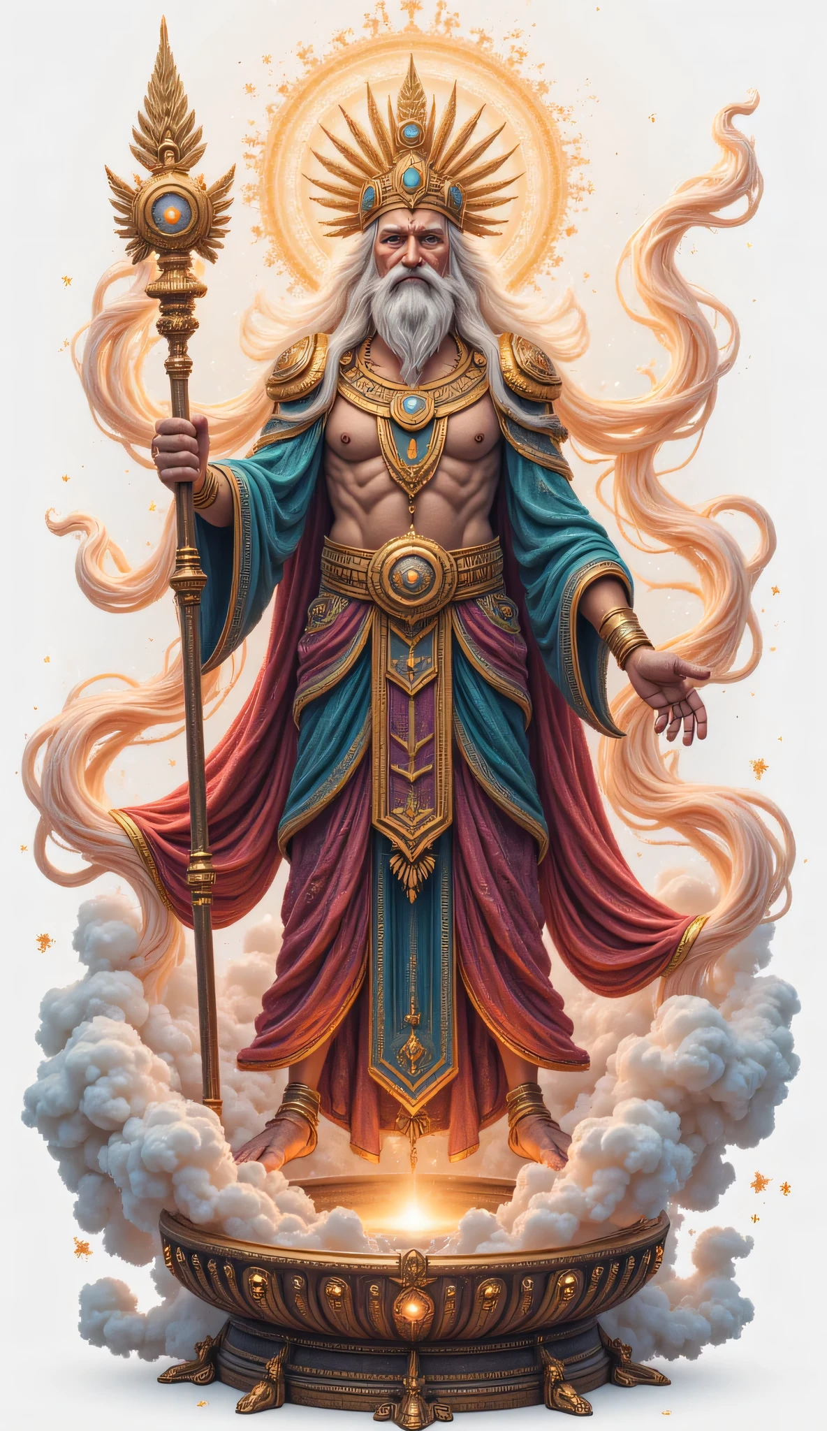 Bathala,Philippine deity,He was the god of creation、King of the Sky。old age、Wise。Symbol of the power of creation and control of nature {x} A headdress often worn with gold or feathers diadem,symbolizes the destruction of the universe The artist。Body High and Magnificent、 Glowing light ,A thunderbolt encircled。The costume is covered with clouds、Star、mantelpiece,sometimes surrounded by lightning。Right Hand Scepter、The Fire of Creation。All white background