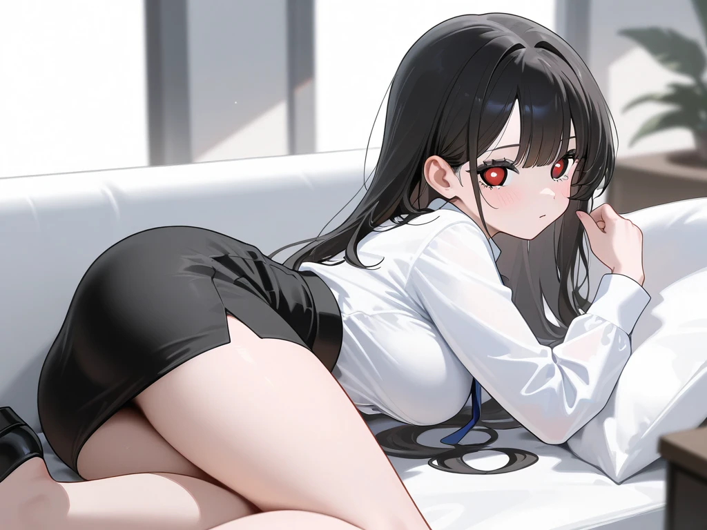 (extremely detailed CG), (best quality), perfect face, shiny skin, lustrous skin ,narrow waist, 1girl,solo, wide hips, KasumiKinugawa, sleeves past wrist,short shorts,fang,labcoat,demon tail, sandals, bangs,long sleeves, tail, coat,red short, shorts, ahoge, horns, long hair,white coat,hair intakes, black hair,collared shirt, indoors, standing, paw pose, smile,