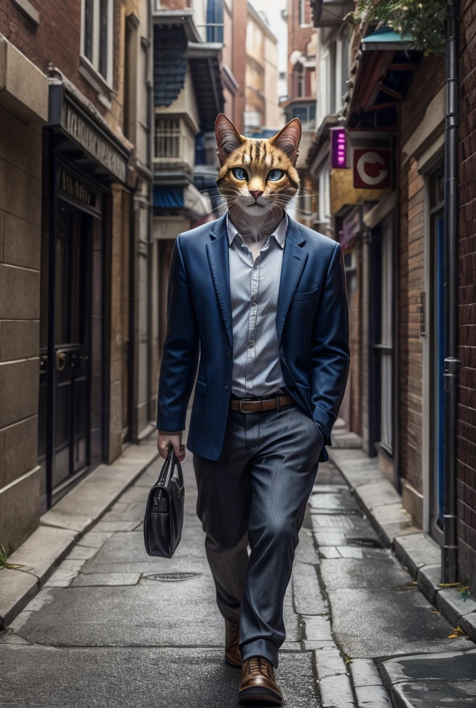 A giant cat and a handsome man walking on a street 