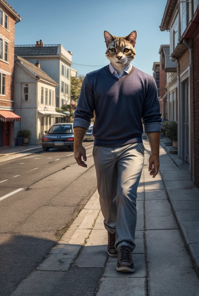A giant cat and a handsome man walking on a street 
