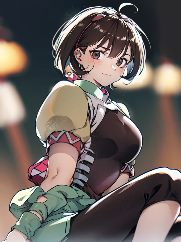 masterpiece, best quality, looking at viewer, upper body, portrait, looking at viewer, seductive smile, put your hands behind your head, armpits, armpits visible, sweaty armpits, Iris Amicitia, very small breasts, short brown hair,