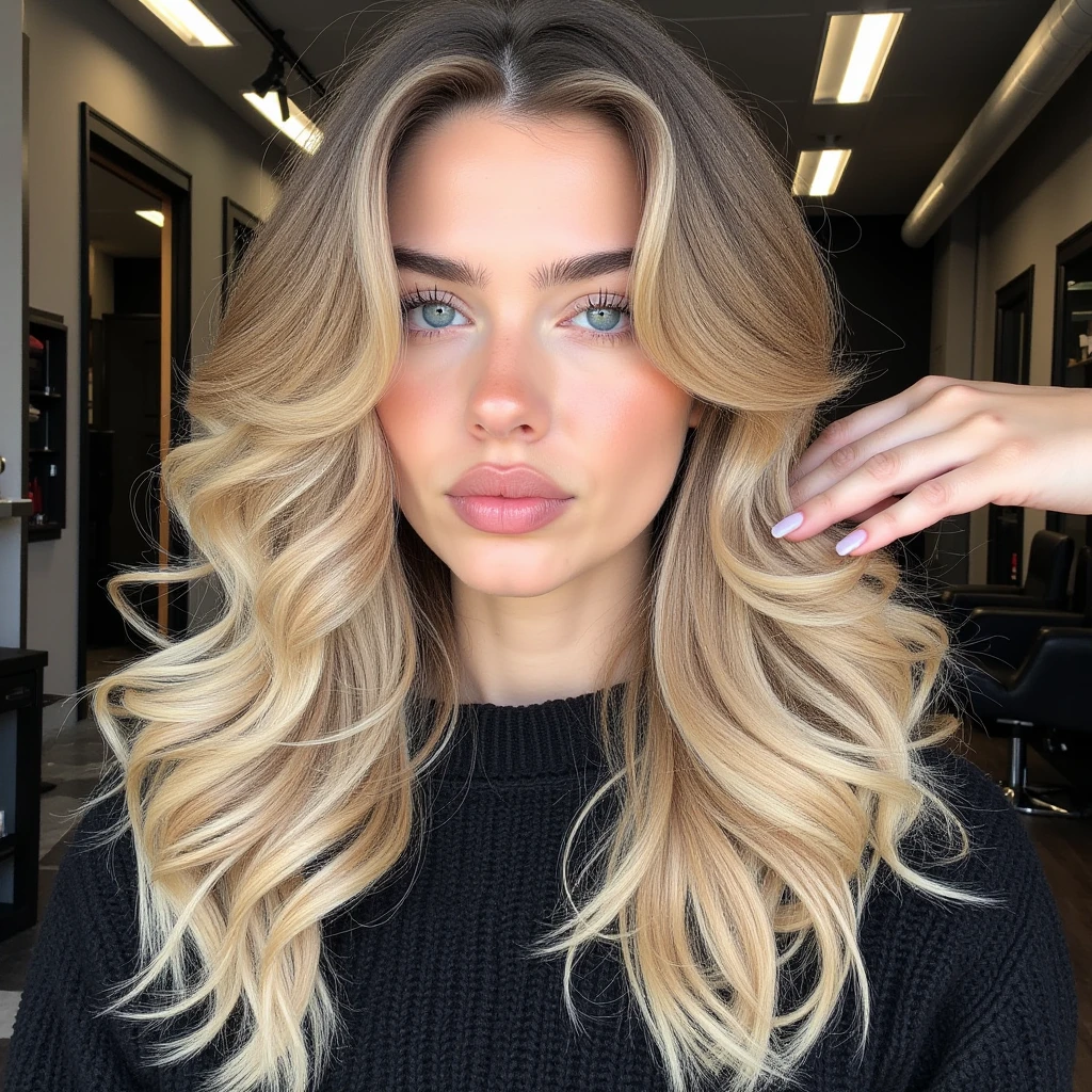 wavy brunette,meches blondes, avec un grain de beauté sur le visage generer cette femme sous plusieurs angles