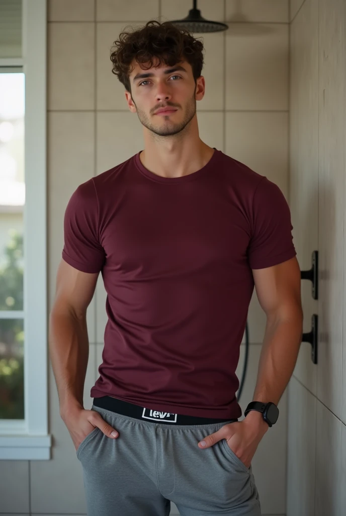Nico Greetham, ((masterpiece)), ((best quality:1.2)), High Resolution, 8k, full body portrait, (ultra_realistic:1.3), (photorealistic:1.4), sharp focus, 1boy, (perfect face), wide angle, handsome, (((wearing a tight fitted black compression singlet:1.3))), ((t-shirt sleeves tight around his big biceps:1.3), (white shorts:1.3), standing in the doorway, serious expression, ((looking at viewer++)), defined body, blue eyes, pushed back blonde hair, broad shoulders, toned body, natural lighting, 4k uhd, dslr, soft lighting, high quality, ((looking at viewer:1.3)),