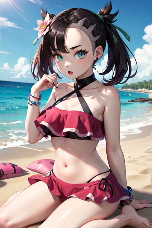 Bikini、Black Hair、Random pose、Red ribbon、Pale red eyes、Ocean、Sandy Beach、Blushing、Embarrassed expression、