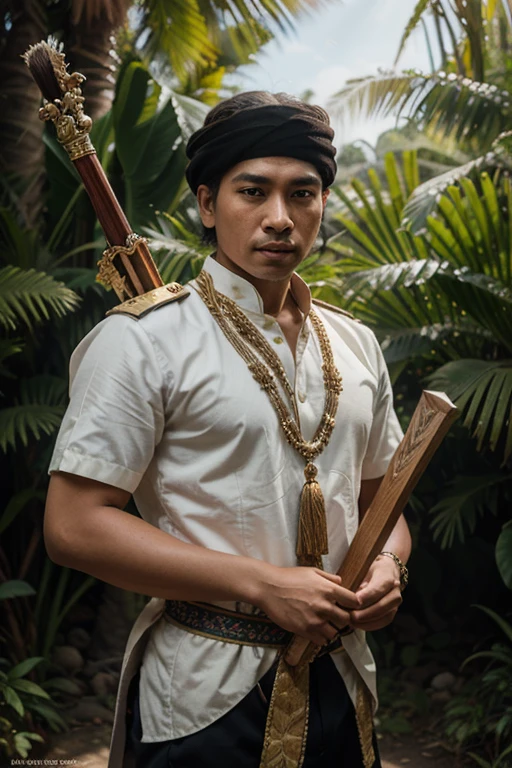 a painting of a man in a traditional dress with a sword, wearing loincloth, javanese mythology, ancient indonesia, loincloth, tai costume, indigenous man, historical image, loin cloth, traditional clothing, wearing ornate clothing, wearing authentic attire, wearing traditional garb, inspired by I Ketut Soki, traditional clothes, historical artistic depiction, realitic