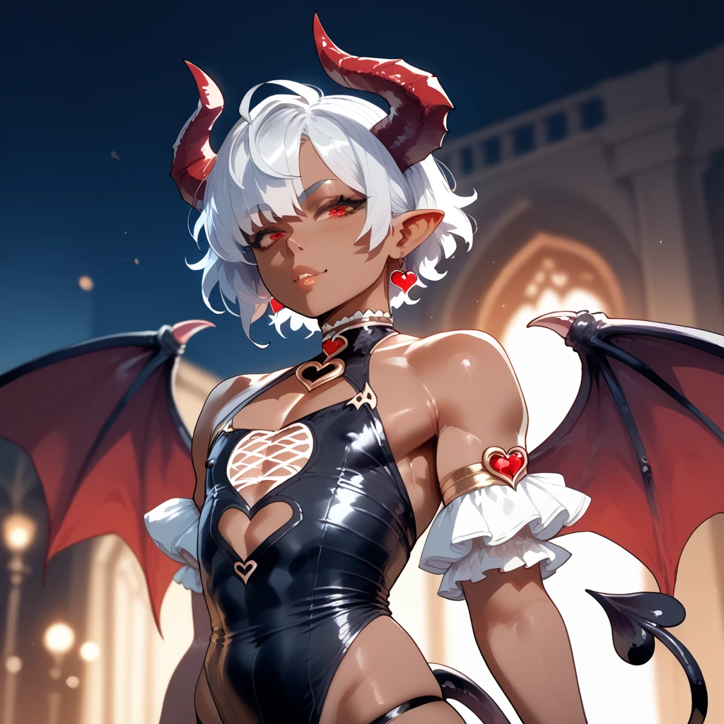 Surreal beautiful cat elf, very red and detailed hair, face detailed, big demon horns, gorda, fully body, Big eyes, long and pointed nose, colettetrixie, sharp teeth, hair over one eye, hairband, demon horns, colored sclera, purple shirt, purple shorts, demon wings, 8K