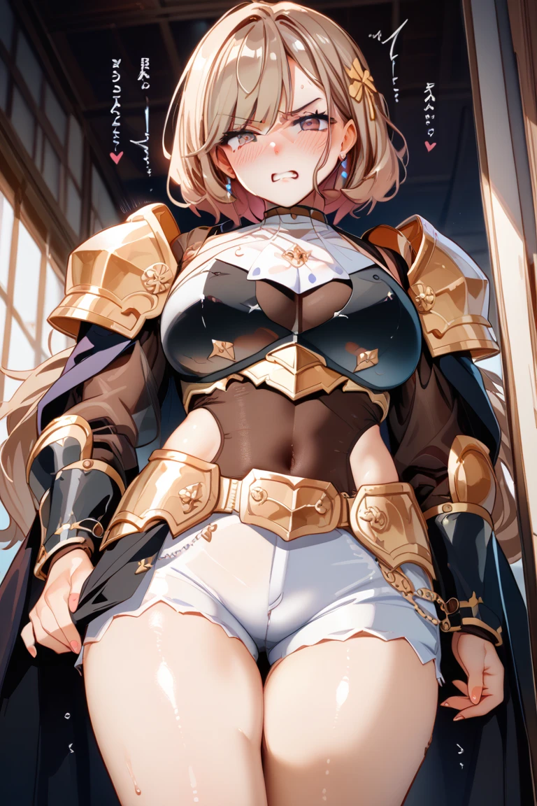 (masterpiece, top quality, very aesthetic, 4k、illustration), ()、intricate detail, 1woman,solo,contrapposto 、(gradient eyes、tareme)、grin、very short hair、parted bangs,Fair skin,(upper body)、beautiful women、arched back、(micro bikini armor),beautiful face、(gradient hair)、(braid light brown hair)、sidelock ,,purple eyes、Warrior、bikini armor、medium breasts、slender 、Cape
