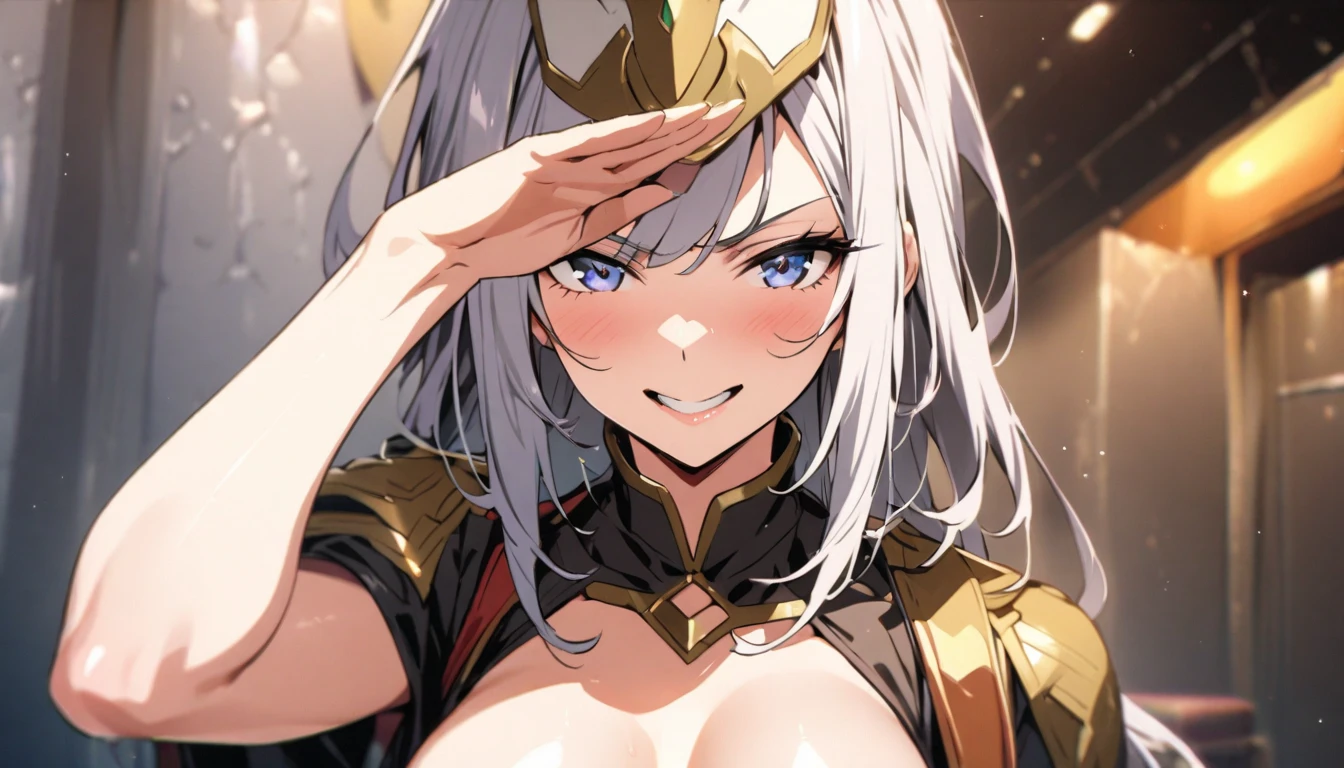 masterpiece, best quality, watercolor (medium), 1 girl, Bronya Zajczyk, breast, alone, long hair, split, gray hair, gray eyes, Shut up, earrings, Bangs, jewelry, skirt, bare shoulders, sleeveless, hair between eyes, 单pauldron, looking at the audience, large breast, armor, shoulder armor, drill hair, sleeveless skirt, Upper body, single sleeve, double diamond, white skirt, pauldron, Poker face