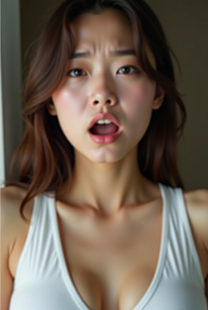 ((Realistic lighting, Best quality, 8K, Masterpiece: 1.3)), Clear focus: 1.2, 1girl, Perfect Figure: 1.4, Slim Abs: 1.1, ((Dark brown hair)), (White crop top: 1.4), (Outdoor, Night: 1.1), City streets, Super fine face, Fine eyes, Double eyelids, gasping, trembling, begging forgiveness, shocked face, scared, terrified, open mouth, deeper look, looking at the viewer, (aheago:1.5)