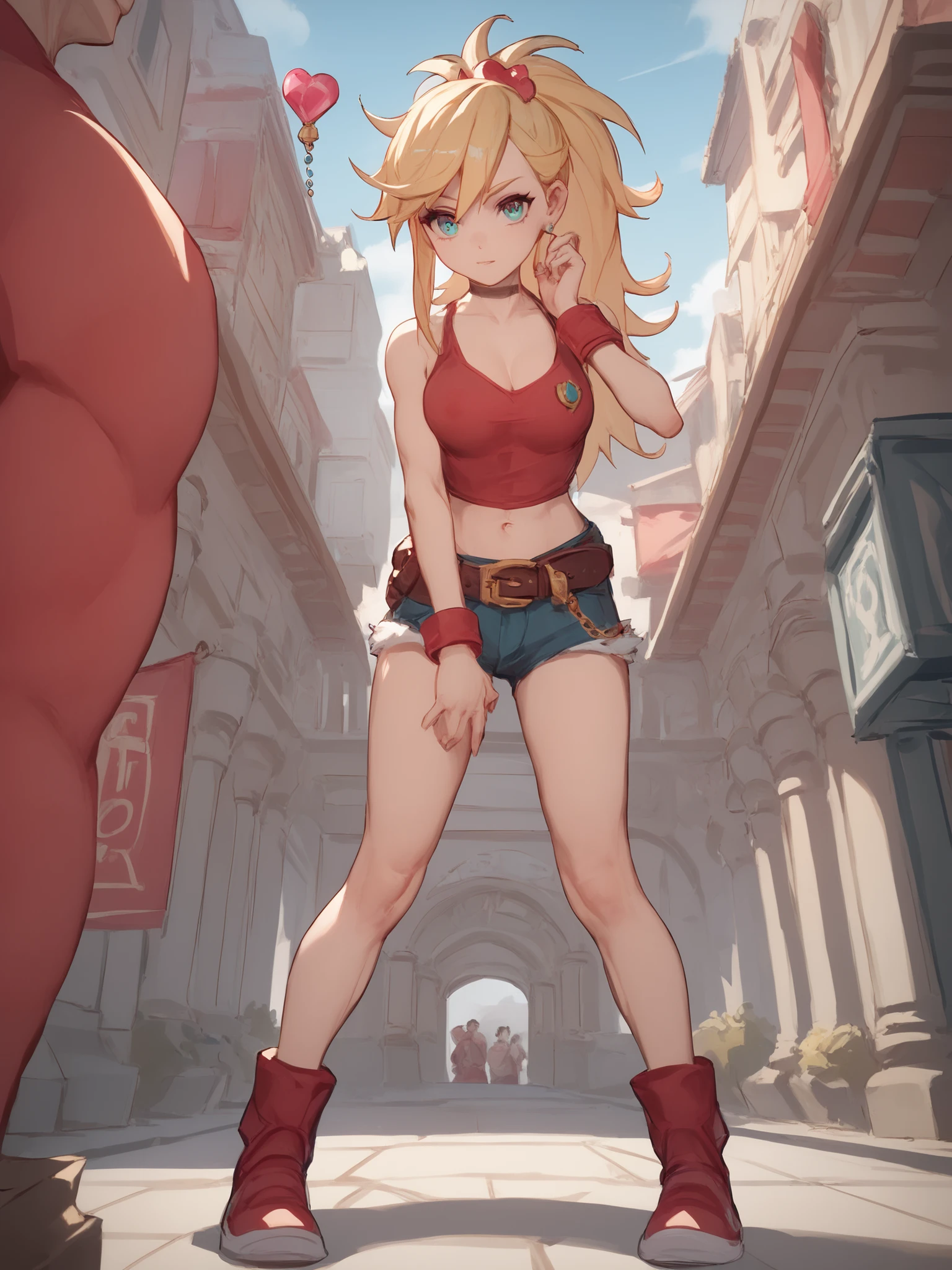 young girl, long blonde hair, Hairpin with a bundle, turquoise eyes, red tight uniform, Sleeveless, Wide neckline on the chest to the abdomen, Gold Elements, Red outfit, Shorts, Masterpiece, hiquality, 4k, HD, Good details, full body view, fullbody overview, Long Hair, standing