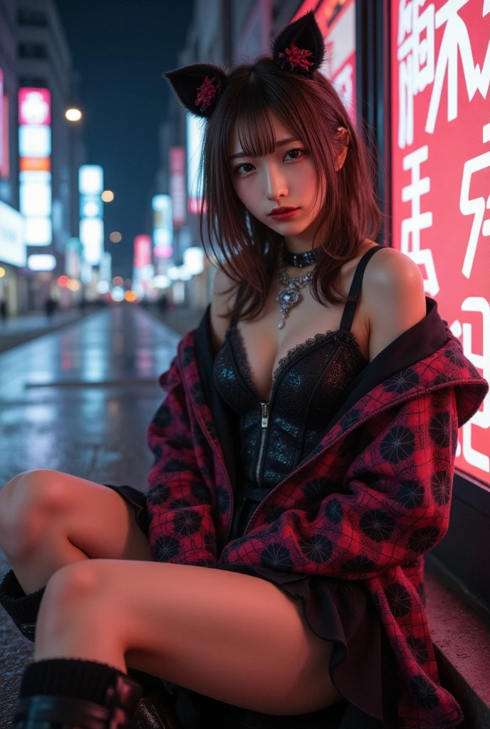Photorealistic, (half body:1.3, exposed face), low angle, (seen from below:1.4), in frame, zoom in barefoot, a mature woman, ((pink bra:1.2, with hanging down coat:1.4, exposed her cleavagee), princess likeness:1.3), innocent looks, a hyperrealistic beautiful mature woman with grayish blue eyes,flowing hair, (black hair:1.4), natural sagging breast, high detailed official artwork, beautiful girls with plumpy body and busty posture, (fatty belly:1.3), long legs, attractive mature woman, (atractive poses:1.3, sitting with bend-legged), on the (harajuku road:1.2), surrounded by neon light, nightview background, dubnitskiy david fanart, realistic portrait, smooth photorealistic, perfect visual of a cute girls, cute girls with round soft face, face focus, makoto shinkai and artgerm, photon mapping, natural light, warm color tones, vivid colors, cool ambient, foggy atmosphere