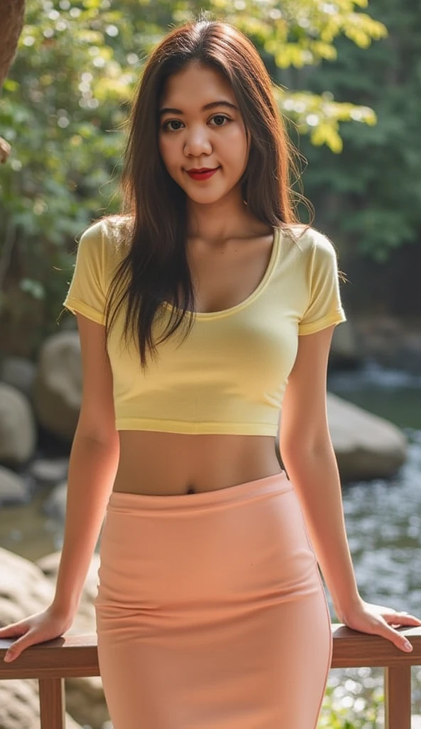 (realistic、High resolution:1.3)、japanese woman、full body portrait、1 girl with perfect figure、super thin face and eyes、summer street、caramel hair、bright and long hair、Casual clothing、U-neck T-shirt、triangle bikini under t-shirt、short sleeve t-shirt、thick fabric t-shirt、Ultra low-rise skirt、big breasts、I can see my belly button、exposed lower abdomen、sexy hip bones、beautiful hip bone skin、Hip bone exposure、naked lower abdomen、tight waist、skinny body、toned lower abdomen、Detailed skin of lower abdomen、Detailed skin of suprapubic bone、super low skirt、Naked around the waist