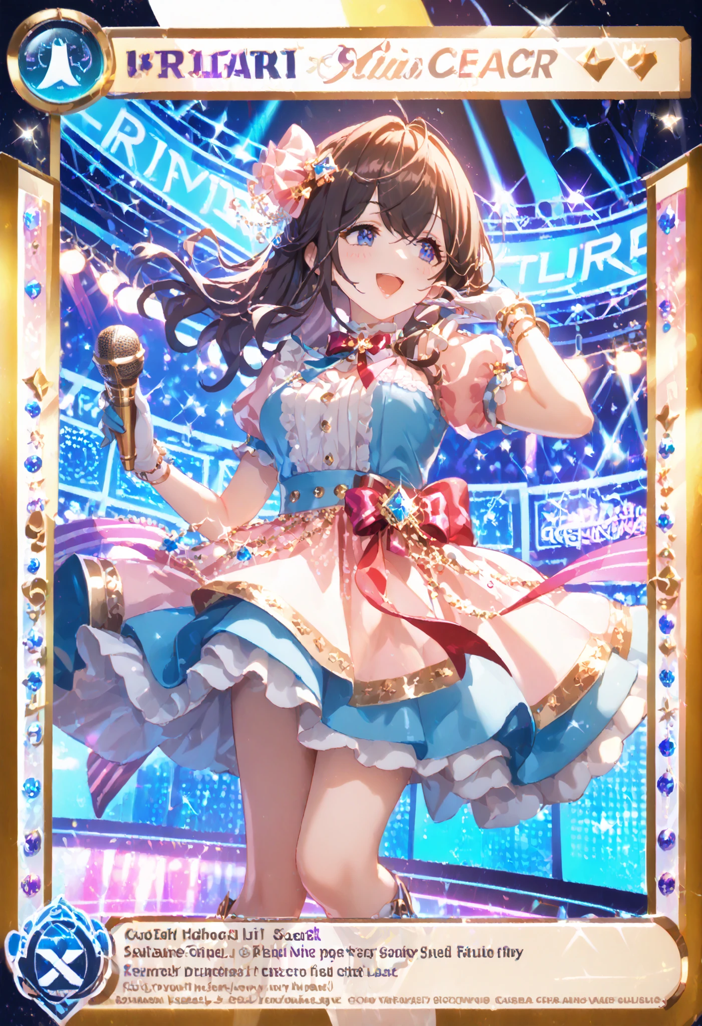 A dazzling idol trading card with a golden border and a holographic finish, featuring a high-rarity "SSR" icon in an octagon at the top-left corner. The card showcases a glamorous anime-style girl performing on stage. She is the lead member of an idol group, singing a solo song while dancing with a microphone in hand. She has long brown hair, with the ends tied in red ribbons that flow as she moves. Her outfit is an elegant and sparkly stage dress inspired by a magical girl aesthetic: a white and pastel pink one-piece dress with layered frills and glittering star patterns. The bodice is adorned with heart-shaped gold buttons and a crimson sash tied around the waist in a large bow at the back. Puffy short sleeves and a small capelet trimmed with gold lace add to the cuteness. She wears knee-high boots with jewel-like decorations and a hair accessory shaped like a star. The background shows a brightly lit concert stage with colorful spotlights and cheering fans in the distance. The entire card shines with holographic effects, emphasizing its rarity and visual appeal.