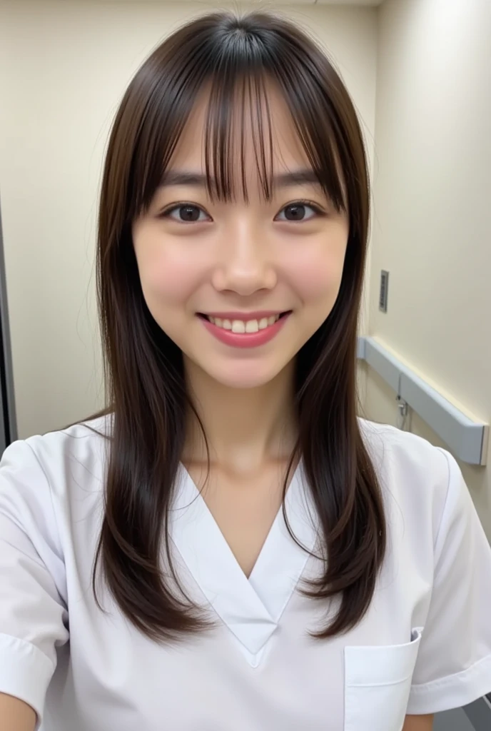 (1girl), Masterpiece, Best Quality, Ultra-realistic capture, Highly detailed, High resolution 16k, cute girl, natural white skin, (((natural saggy big breast:0.6, Height is 145cm, round face, black hair, ponytail, dark brown eyes, thin lips, thin eyebrows))), A nurse who is kind to patients, makes me feel happy when I pass her in the hospital hallway, has a warm smile, and has a thermometer in her hand. she wearing nurse uniform, nurse uniform color is light pink, in the hospital, she hope the surgery is safe and successful. she fold both hands in front of the chest