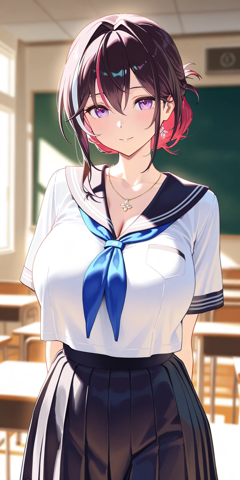 (masterpiece, highest quality:1.2), bazett, FGO, One girl, alone, short hair, Redhead, bangs, Red eyes、blush、smile、Normal beautiful breasts, Earrings, (Sailor suit、skirt)、classroom、Sit on a chair