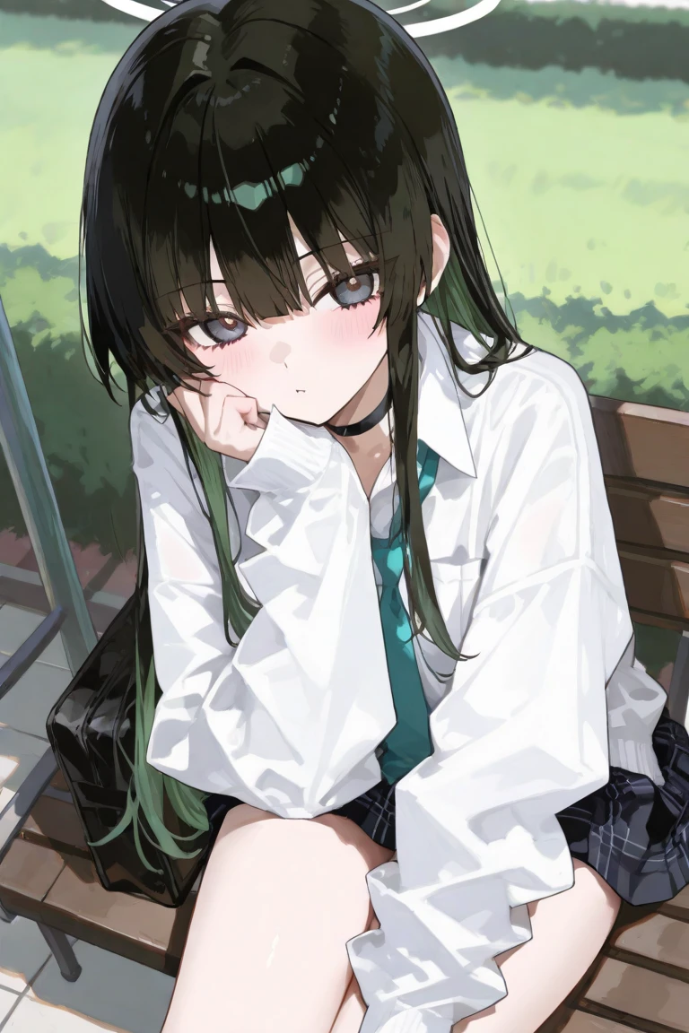 Best Quality, masutepiece, hight resolution, Solo, {Yasuhara_mommy_shirobako:1.15}, Black_hair, Low_Twin-tailed, Twin-tailed, long_hair, Green_Eyes, Bangs, 1girl in, Collared_Shirt, Shirt, white_Shirt, Closed_Mouth, The upper part of the body_Body, flower, Sweaters, Black_Sweaters, School_uniform, up looking_で_viewer, Underpants, white_Panties, Skirt,