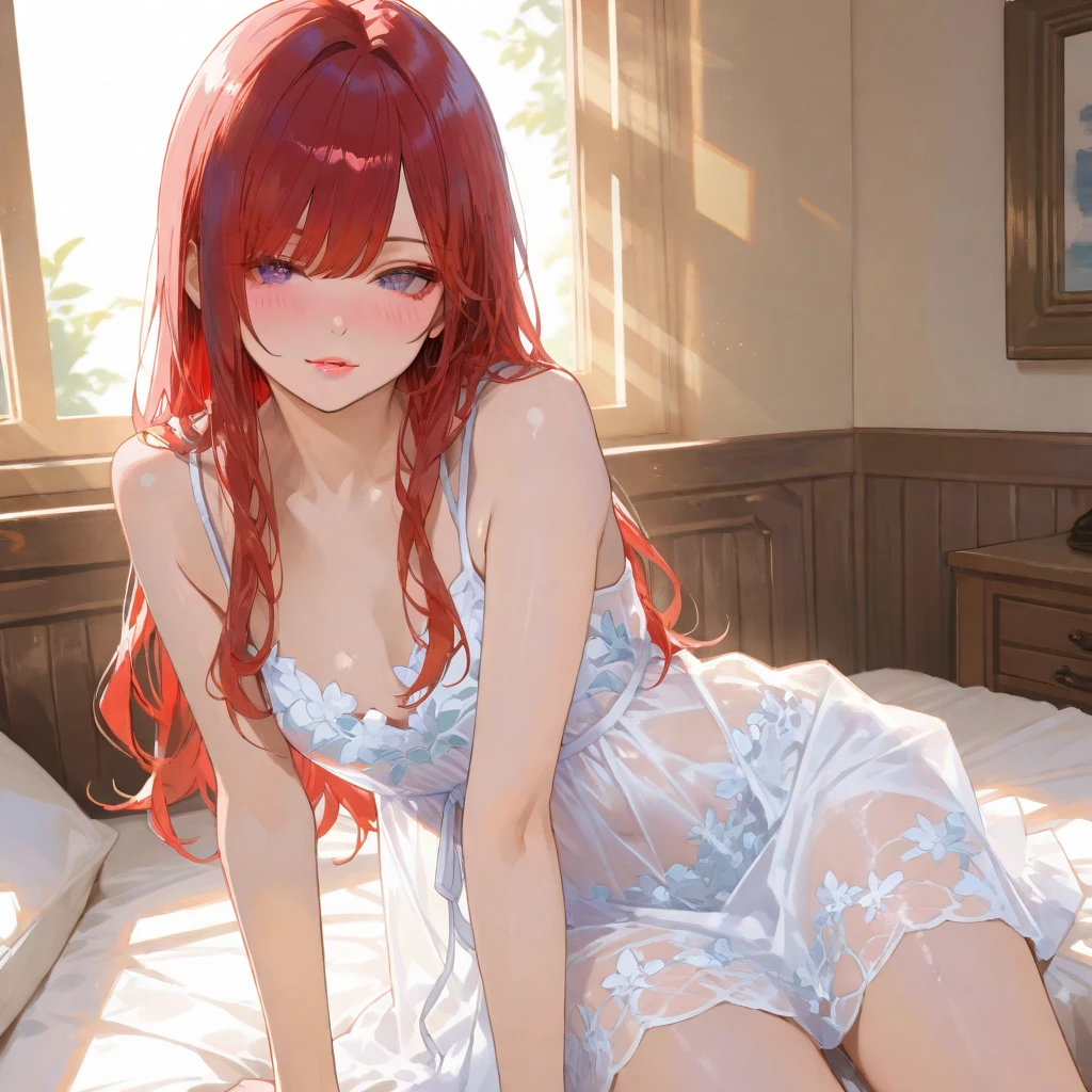 (Masterpiece. The best quality. 8K. Sharp focus. Depth of field, The best shadows. Perfect lighting. HDR. Realistic skin texture. Ultra-detailed background. Detailing). Anime style. Honkai: Star Rail. March 7. 1 girl. Fiery red hair, short hair. Azure blue eyes, beautiful eyes, beautiful eyes, expressive eyes. Beautiful nose, perfect facial features. Perfect anatomical body, slender figure, second size breasts, beautiful breasts, thin waist, rounded hips, beautiful long legs. Nightgown. Captain's cabin. Bed. Bed. Lies on the bed. Lies on its side. Lies full-length. Sleeps in a nightgown. Sleeps in bed. Closed eyes. Described in a dream, A pole of urine flows down her thighs onto the bed. Concept art. Full-length. Full body.