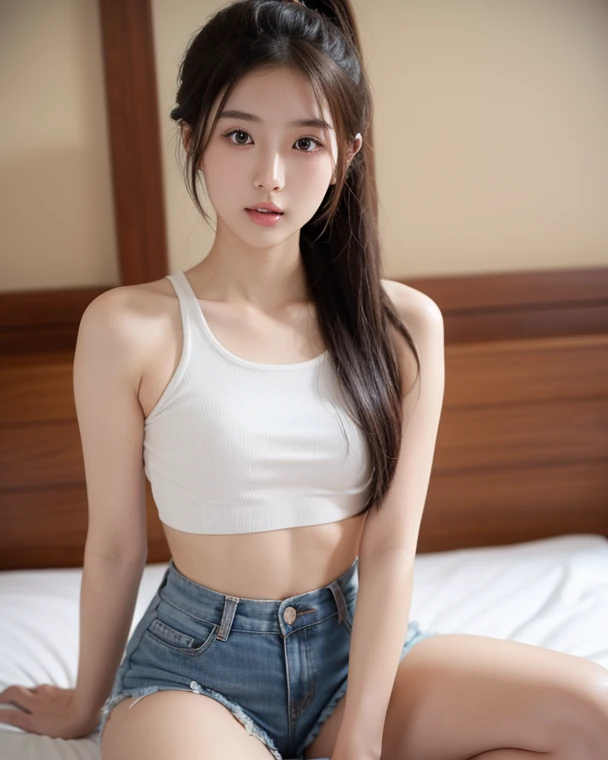 ((panty shot:1.5)) ((big bust:1.3)) ((in bed:1.2)) ((sleeping:1.2)) ((denim shorts:1.2)) ((enlargement:1.2)) ((flat stomach:1.2)) best quality,masterpiece,ultra high resolution,(realistic:1.4),raw photo,(real skin texture:1.3),(film grain:1.3),panorama,character portrait,very wide shot,small waist,cowboy shot,(in the dark, deep shadows, low key, cold light,) night,(()),flowing tears,,dust,Tyndall effect,(expression),1 woman,Beautifully detailed eyes and face,White Szabo,brown eyes,((white tank top:1.3)) ((Stylish bedroom:1.4)) ((brown hair:1.2)) ((long hair)) ((french van, korean class:1.3)) ((at my house:1.2)) ((open your legs:1.3))