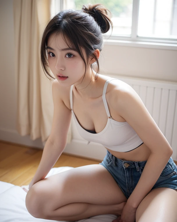 best qualtiy, tmasterpiece, 超高分辨率, (Fidelity: 1.4), RAW photogr, 1girll, Goose egg face, largeeyes,,, long eyelasher, painted light makeup, cropped shoulders, The shirt, cinmatic lighting, Summer nights, Heat, sweat leggs,Fully transparent underwear,,spread their legs,hands behind body
