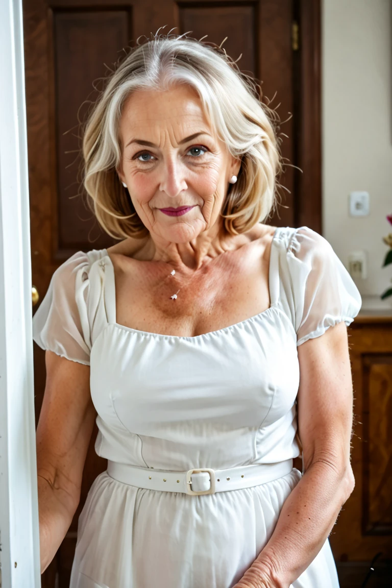 (blouse.red lingerie:1.4),(75-year-old woman:1.6),(Wrinkles on the face,wrinkled body1.3),smile,(gray hair:1.1),(old mature woman:1.3),

BREAK

sole_female, gorgeous, attractive, astonishing,75 year old, Hungarian. messy Hair, long Hair, Ponytail, Highlights in Hair. photography, hyperrealistic, realistic, photo-realistic, photorealistic, 3/4 shot. highly detailed, sharp focus, 8k, best quality, masterpiece. moderately average Body. Pear Face, laughing ecstatically. dusky Complexion. Thin white blouse, (White Hotpants) , Bracelet, Earrings Crowded Restaurant, leaning forward on a table, looking at the camera, downblouse,nipslip