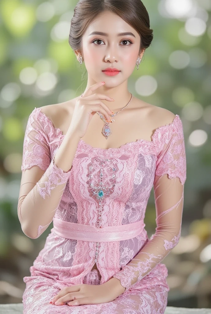 8k, highest quality, ultra details, Balinese beauty, wearing kebaya and paterned batik dress, colorful and lively, representing the vibrant spirit of Balinese culture. Beautiful and detailed face with expressive features, ((Beautiful woman: 1.7, Mature and alluring: 1.7, Lustful expression: 1.7, 21 years old: 1.7, Height: 155cm, slim waist and hourglass figure, Thin thigh, Skinny body: 1.1, flat abdomen, Fat ass: 1.7, Round and jutting buttocks, Tall stature: 1.5, 1 girl, solo, Covetable large breasts: 1.7, Slim waistline: 1, Attractive young girl with an air of seduction: 1.7, Aroused girl with desire in her eyes: 1.7)), ((Detailed: 1.4)), (High dynamic range: 1.2), ray tracing: 1.0, NVIDIA RTX: 1.1, Super resolution: 1.0, Unreal 5: 1.1, Scattered beneath the surface: 1.1, (PBR texturing: 1.2), post processing: 1.0, Standing confidently in front of pond with vishnu statue