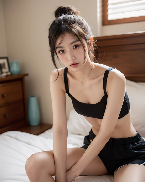 ((top-quality、in 8K、masuter piece:1.3))、1Man Woman、a beauty girl:1.3、Hairstyle ponytail:1.2、(undergarment、T back、black:1.3)、on the beds、(Angle from below:1.2)、(Super Detailed Face 1.1)、ultradetailed eyes、二重まぶた、a smile