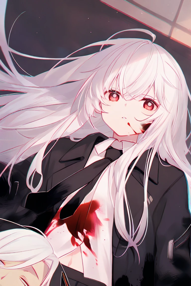 anime girl with blood on her eyes and a green tie, gapmoe yandere, yandere, yandere. tall, gapmoe yandere grimdark, yandere intricate,gapmoe yandere grimdark, anime moe artstyle, 4k, bloody eyes, evil smile, psychopath,