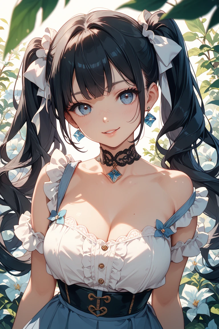 mksks style, masterpiece, best quality, long eyelashes, eyeliner, eyeshadow, mascara, colorful, pink lips, deep skin, looking at viewer, upper body, curvy, hestia (danmachi), 1girl, breasts, solo, long hair, blue ribbon, twintails, gloves, ribbon, dress, rei no himo, large breasts, blue eyes, black hair, white gloves, cleavage, white dress, looking at viewer, closed mouth, hair ribbon, bow, sleeveless, sleeveless dress, bangs, blush, cleavage cutout, hair ornament, bowtie, clothing cutout, very long hair, covered navel, arm ribbon, shiny skin, outdoors, grassy fields, blue sky, cloudy sky, tight, taut dress, breast focus, upper body, ultra-detailed, illustration, close-up, straight on, portrait, face focus, :p, tongue out --auto --s2