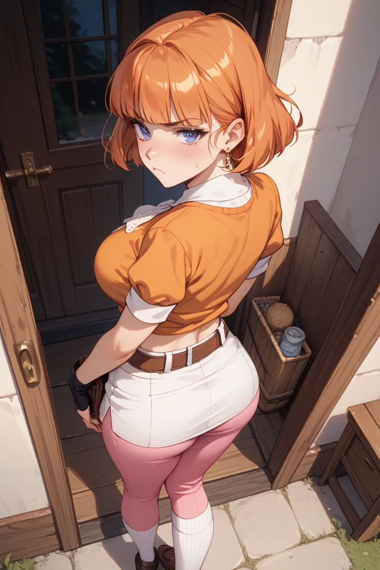 ((masterpiece)), high quality, very_high_resolution, large_filesize, full color, heavy outline, clear outline, colorful, (beautiful detailed eyes), 1 girl, (femaleranma), (red hair), short hair, (braided ponytail), ((bangs)), bumpy bangs, curvy, femaleranma, (camisole), (hot pants), standing, ((cowboy shot:1.4)), from behind, ass focus, (beautiful nape of neck),