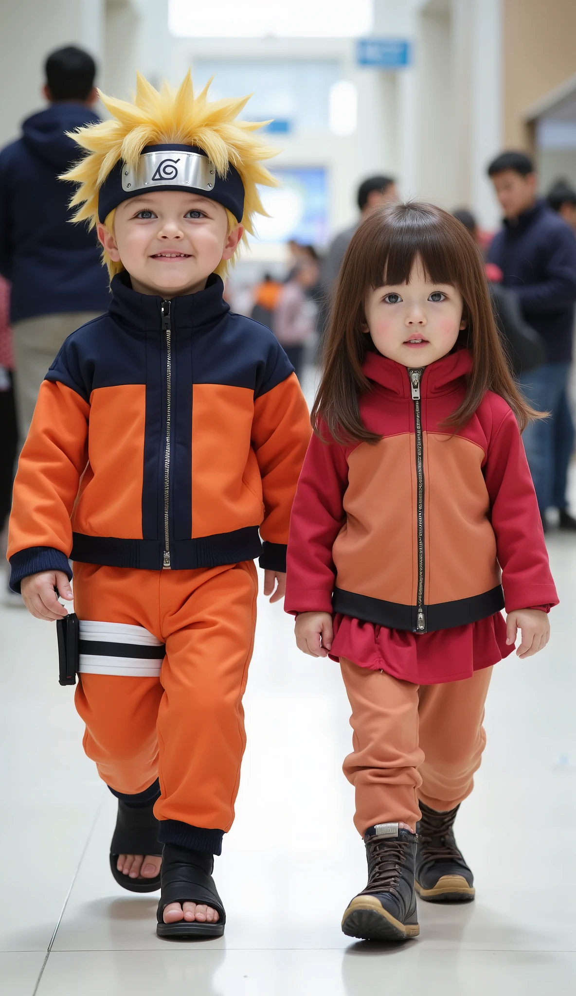 character: 1 baby boy wearing naruto costume, and 1 baby girl wearing hinata costume with white Eye . They Looks Europe face.
action: Walk straight and look straight ahead.
Expression : smiling.
Background : A bright indoor public space , with people vaguely seen in the distance, shows that this picture was taken at a fun event or get-together, maybe a convention or costume . They radiate happiness as they walk confidently in their costumes. Show the whole body.
