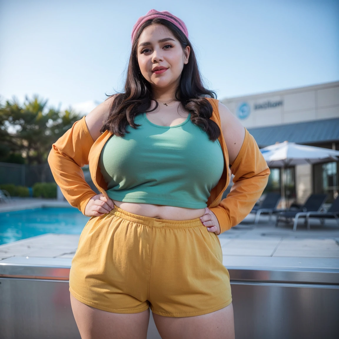 Voluptuous woman with a curvy body, wearing a orange and turquoise sports bra, Sport shorts, in a park, resting on a bench, depth of field, bokeh,