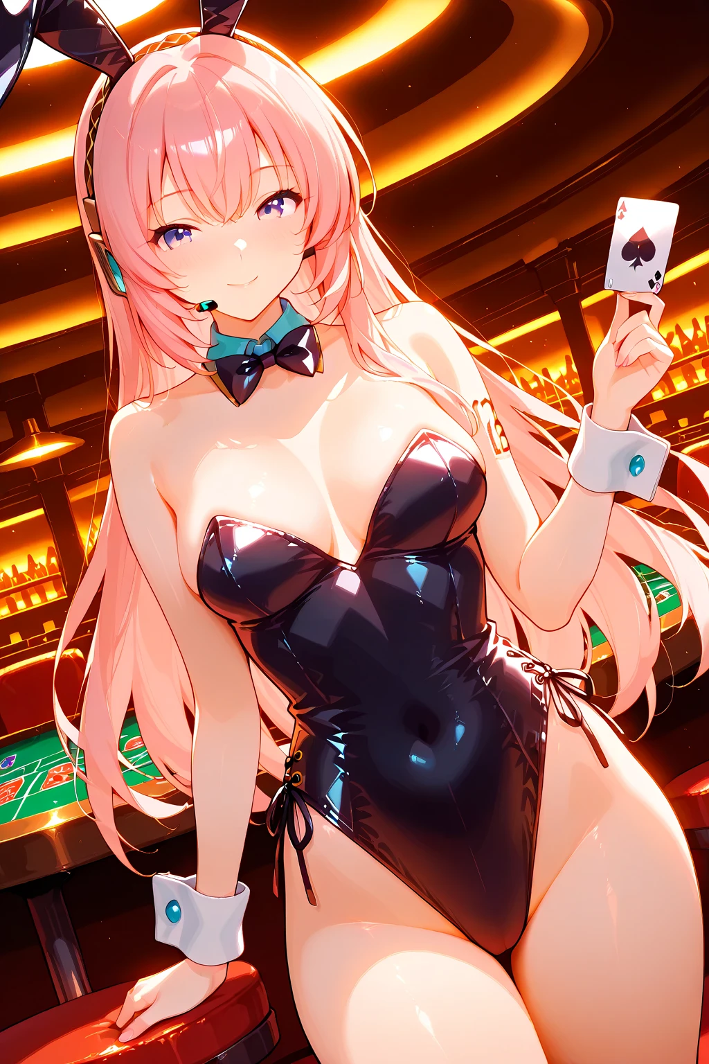 (masterpiece),(Highest quality),(Super detailed),(High resolution),(Highest quality),(An illustration),8k,woman,Beautiful Skin,Beautiful Face,,Bunny girl,High leg bunny suit,Fishnet tights,High heels,casino,smile,front,Sexy pose,(Hand,detailed,perfect,perfection,hands)
