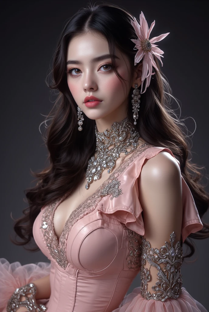 ((ultra high resolution)), ((An improvement of the most absurd quality:1.2)), (masterpiece), 16K, (Best Illustration), (light pale complexion), (realistic proportional body, anatomically correct:1.3), photorealistic Realism 8K Quality, (high-res, best high quality), ([long(lashes)|perfect(eyeshadows)]:[|blue|pink]), ((clear no blur and sharp perfect round, realistic brown_eyes:1.25), finely quality eyes), (tired and sleepy and satisfied:0.0), (finely detailed pupils), BREAK, detailed lips, pink_makeup, long_blue_eyeliner, red_lipstick:1.2, perfect dark_eyeshadows:1.15, ((beautiful sharp-face), extremely detail:1.3), (high detailed Super beautiful slim and cute-face), a significant look at the viewer, ((beyond kiss)), (Upper body shot), ((highly elaborate extravagant microscopic street outfit:1.25)), perfect composition, ((dry skin)), Hasselblad, 85mm f/4.0