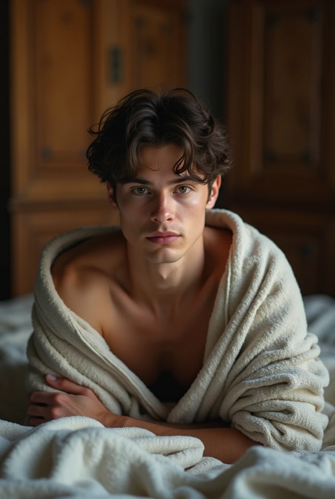 young, Beautiful, handsome, white, skinny, soft skin, beautiful face, shirtless, knitting clothes with a grandmother
