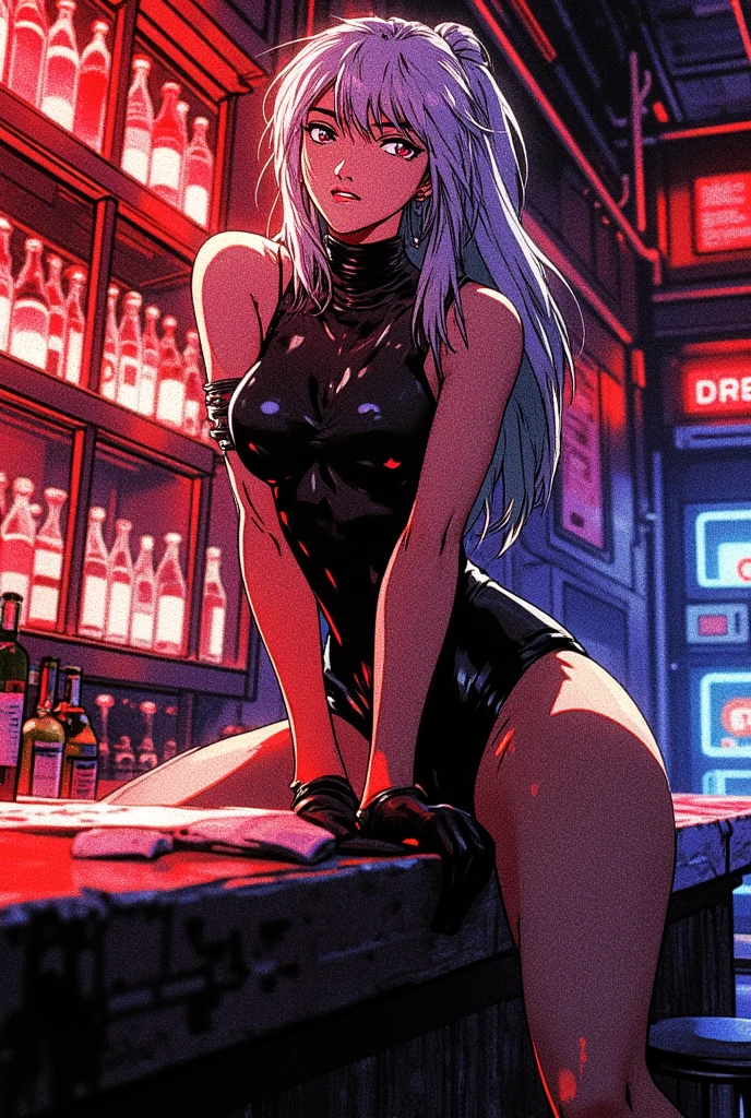 beautiful mechanical woman, solo, (half closed eyes, green eyes), (masterpiece eyes:1.3), BREAK, seductive smile, (mechanical skin:1.1), (exoskeleton leotard:1.3), (bare arms and shoulders:1.3), (cleavage, exposed groin), BREAK, (long eyelashes, red lips), bowtie, rabbit ear headphones, rabbit tail, wrist_cuffs, (blonde hair, bob cut), (forehead:1.3), BREAK, Flat_Chest, Huge_breasts, wide_lower back, (5fingers, 4fingers and 1thumb), BREAK, cyberpunk, (bar), bar counter and round chairs, wine, whiskey, bourbon, neon signboard, Masterpiece, best quality, captures a super cute moment, depth of field, ultra detailed, ultra high resolution, C4D, Octadale, 3D modeling, 8k, 16k,