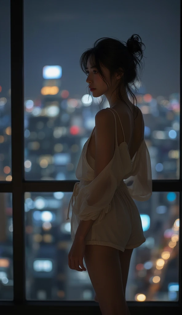 Very detailed、masterpiece、highest quality、Ultra-high resolution energy A、8K High Resolution、Photogenic transparency、Detailed eはい、Gradation、Perfect anatomical figure , Nikon Z9 80mm Lens, Beautiful girl with short hair, Hair and light eyes, Vibrant, Colorful lights and bokeh. The lighting casts a warm glow on her face and hair...., Blue glow, Water surface reflection, Creates a dreamy and magical atmosphere、(Hotel Rooms、Blurred night view of a big city from the window:1.8)、(Jeans Short Shorts、Low rise、High leg、She's half-naked, revealing her black underwear.:1.6)、(Big Breasts、Beautiful feet、Accentuate your thighs:1.8)、(Brown Hair、Short Hair、Bun Hair、Bangs are available、Trendy Korean makeup:1.4), Scapula, Glowing Lips,Genuine, bangs, (Golden ratio face、plump lower lip、Pink blush on cheeks、Pink Lips:1.5)
