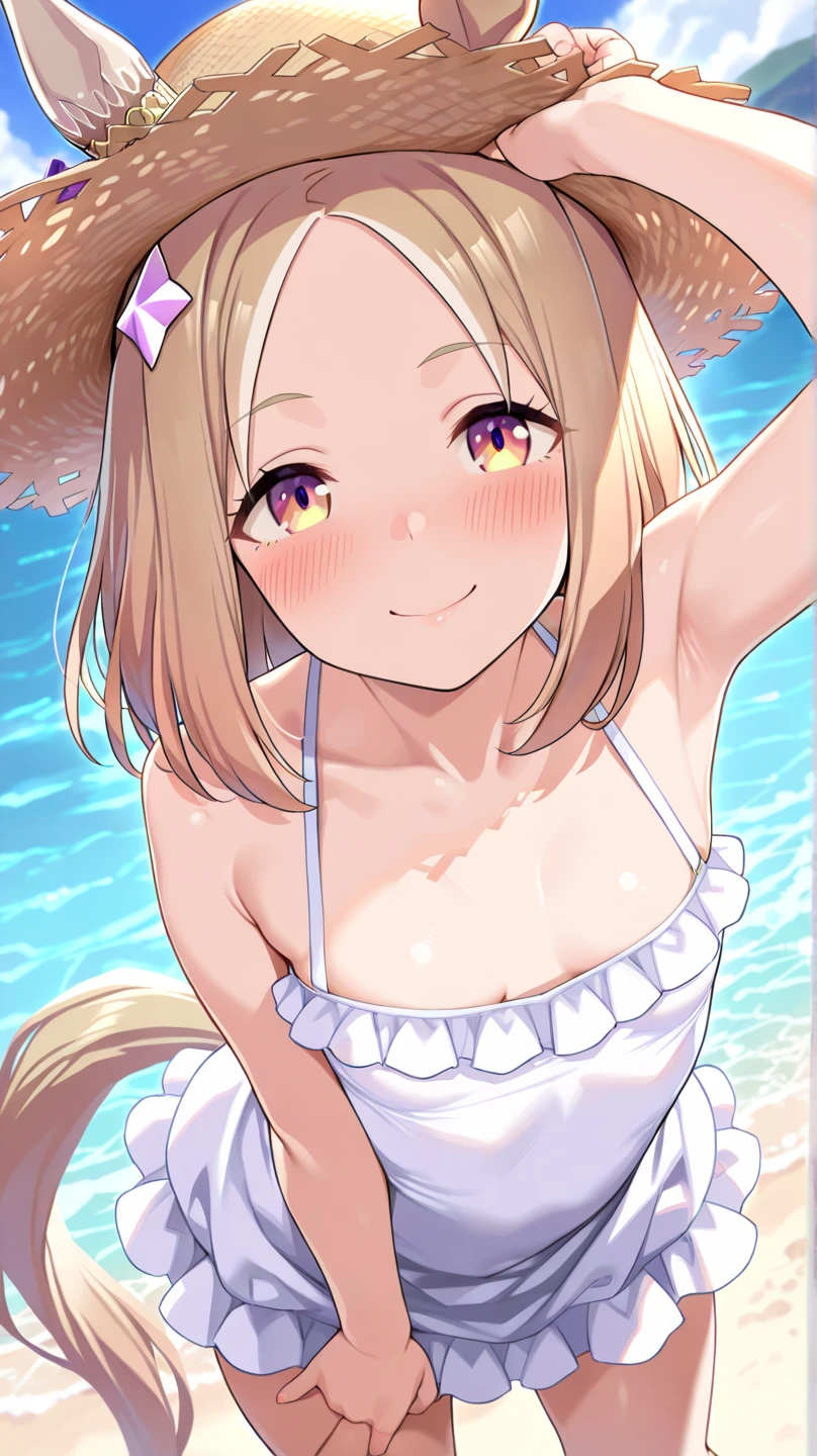 Composition from the side,1girl,1boy,face to chest,Outdoor,1girl,hug,,Leaning forward,smile,Brown Hair, short hair, ponytail,yellow ribbon ornament,Flat Chest,upper body,Cleaating profusely,Chibi,1boy,look her breast,whiteblack hair,white skinned,young aged man,lick her breast