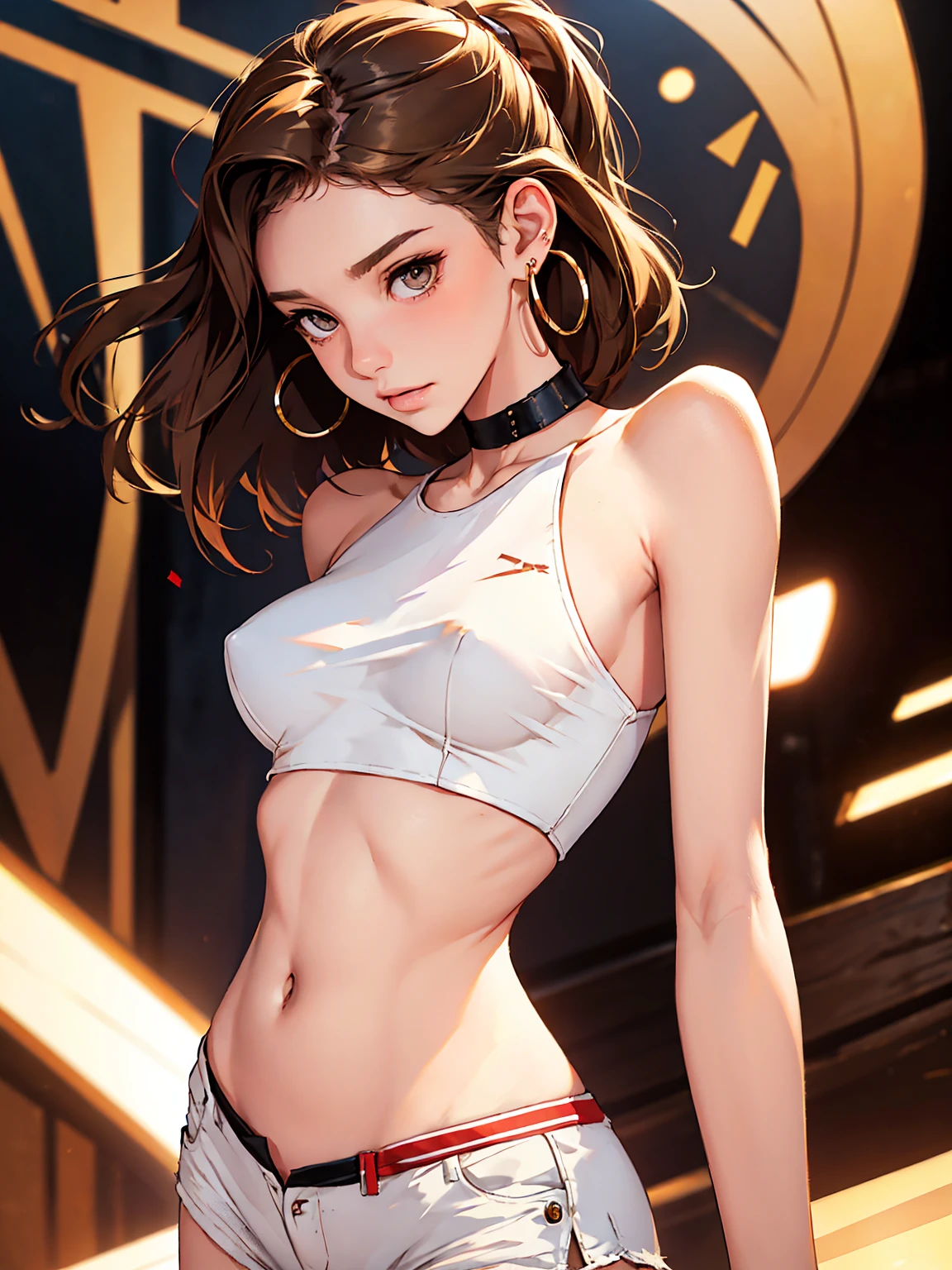(1 femme), ((Side tie briefs)), best quality, High quality, HD, finely detailed, detailed texture, représentation realistic du visage, realistic, colored, laser trace, (((lighting towards'avant))), sourire, (((les yeux se concentrent))), (yeux brillants), (Beautiful detailed delicate face, beautiful detailed eyes, un visage parfaitement proportionné, highly detailed skin, meilleur rapport quatre doigts et un pouce, (((Peau blanche et brillante))), (peau grasse), (((Jambes ouvertes))), naked tetons, petits seins nus, visible nipples, vagin à travers la culotte. ((assis sur un lit avec un genou relevé)), ((texture lisse, realistic texture, photorealistic)), (((yeux verts))), (((cheveux blonds mi-longs, queue de cheval))), (beau visage, visage mignon, detailed face)