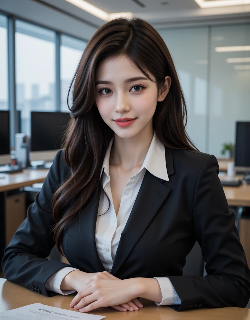 (Best-quality, Masterpiece, Ultra-High-Resolution, (Photorealistic:1.4), Raw Photo, depth of field, professional lighting, perfect anatomy, extremely details), 1girl, 15-years-old, the most famous Japanese idol, portrait, sitting on business chair at office, wearing business suit, extremely cute face like the most popular Japanese idol, extremely beautiful big-black-eyes, extremely beautiful hair, extremely beautiful skins, extremely beautiful long-eyelashes, extremely beautiful lips, looking at viewer, ((feeling very strong sexual arousal and very strong sexual pleasure)), detailed office, detailed business-suit, detailed business-chair