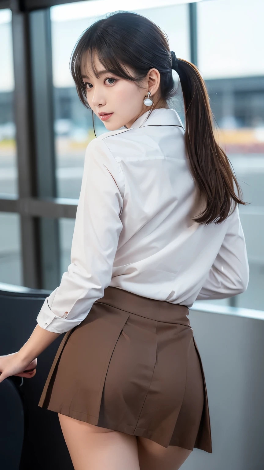 ((NSFW))、(highest quality:1.4、8K、RAW photo)、ultra high resolution、high detail、1 girl 16 years old、slender girl、delicate and attractive girl、cute woman:1.4、 serious expression、Rear view、looking at the viewer、light brown hair、shining hair、The hairstyle is a bob cut、 skin that looks real、 close your mouth、fine eyes、double eyelid、thin arms、(high school girl uniform)、super mini skirt、((not wearing panties))、((She lifts up her skirt to fully show her ass.))