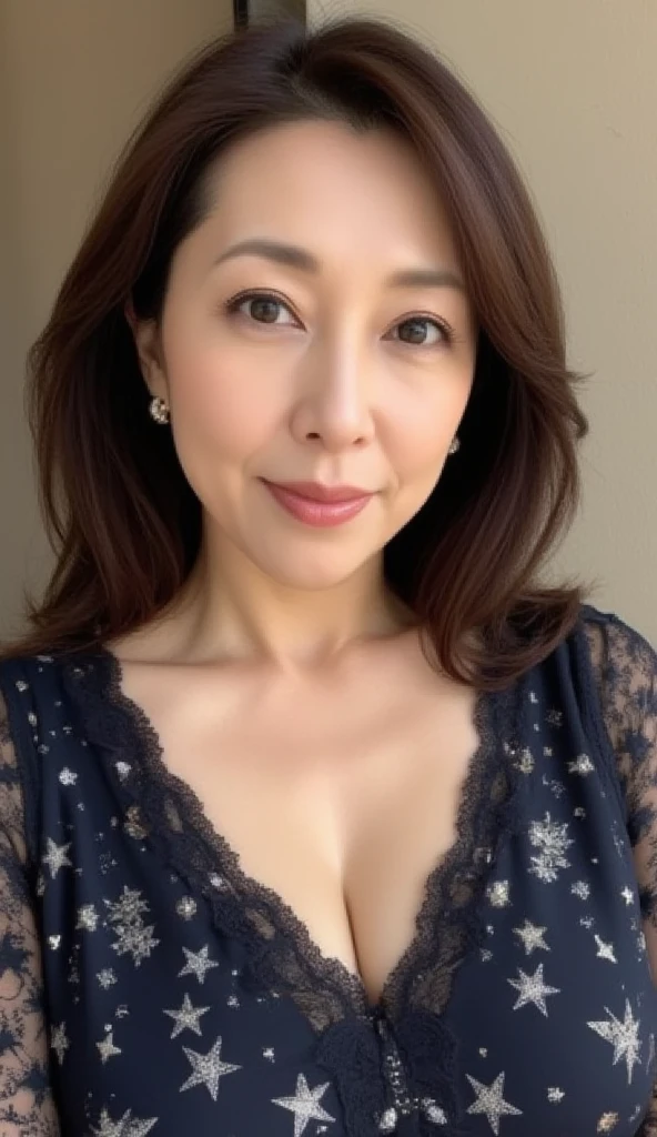 Model-like beautiful Japanese mature woman、Former entertainer、A beautiful old lady、High resolutionで映画のワンシーンのように陰影がある写真、(Private Photos)、(55歳の色気がある上品なaunt)、日本人のaunt、(((((Viewer Perspective)))))、High resolution、4K、Detailed face、Fine skin、Genuine、Genuineism、Genuineなaunt、housewife、専業housewife、色気があるaunt、セクシーなaunt、エッチ好きなaunt、(53歳のGenuineな肌質)、Japanese Mature、((My breasts are big and saggy:1.3))、 from the front、((Dutch Angle))、aunt、Anatomically perfect、肌がテカっているaunt、エロい顔をしているaunt、エロい表情のaunt、necklace、Wearing a white tank top shirt、Bedroom、Smiling with teeth showing